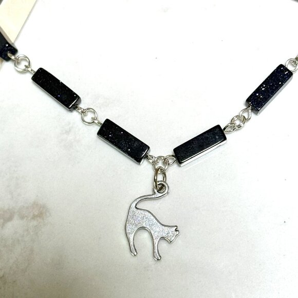 Dark Blue Goldstone Short Necklace w/ Silver Cute Slim Cat Pendant - Picture 5 of 14